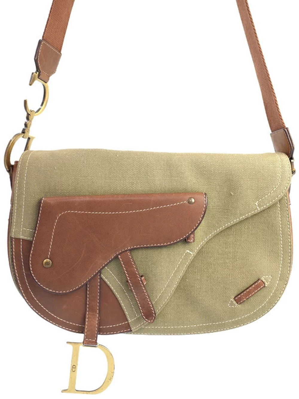 Christian Dior Saddle Bag olive khaki canvas body brown leather